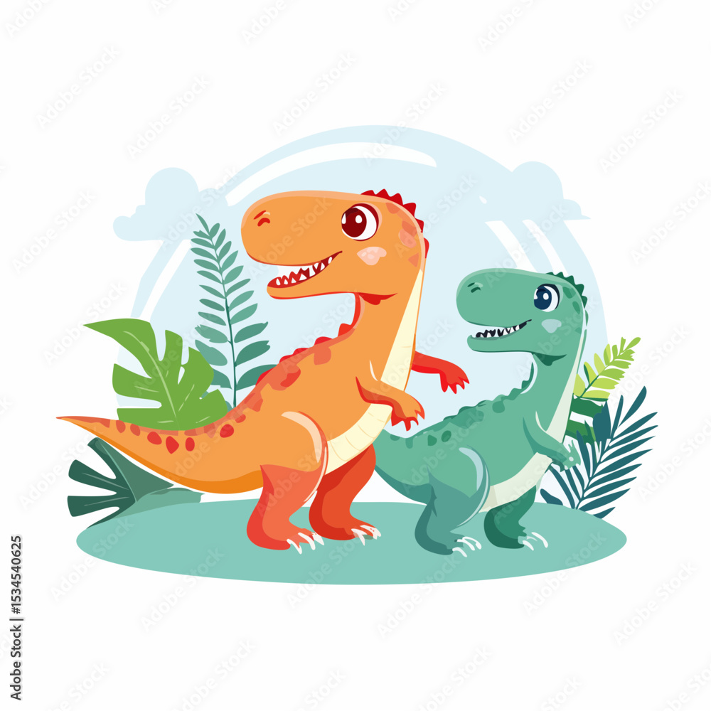 Obraz premium Colorful and chubby T-Rex characters with cheerful expressions, set against a bright, friendly backdrop