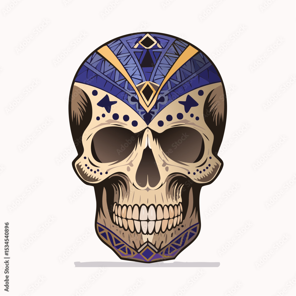 Fototapeta premium A sinister skull with mechanical details and a cracked surface, highlighted by neon blue lines