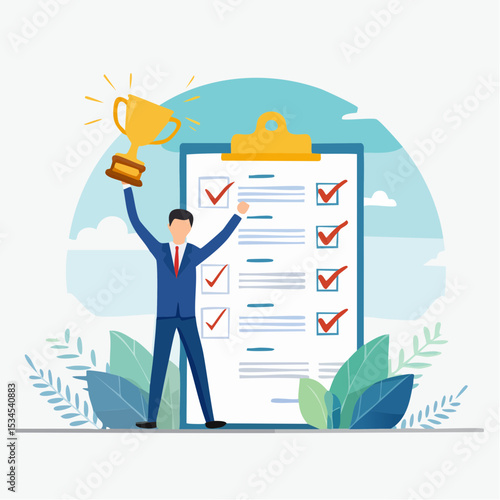 Habits or routine to success, checklist or factors to succeed and achieve goal, winner progress, planning, procedure or process concept, success businessman holding winner trophy with habit checklis