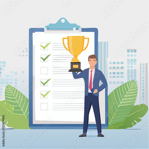 Habits or routine to success, checklist or factors to succeed and achieve goal, winner progress, planning, procedure or process concept, success businessman holding winner trophy with habit checklis