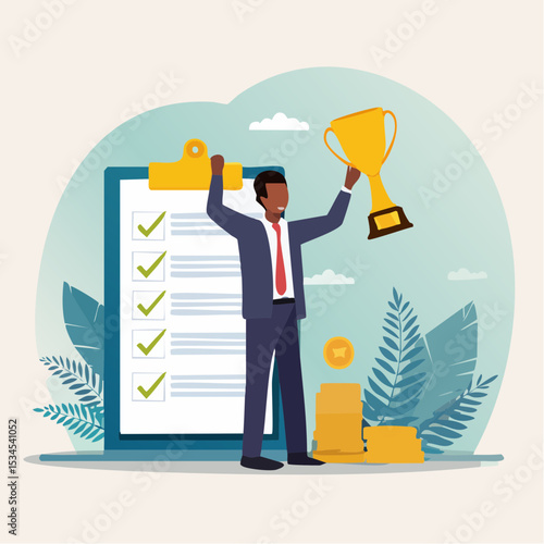 Habits or routine to success, checklist or factors to succeed and achieve goal, winner progress, planning, procedure or process concept, success businessman holding winner trophy with habit checklis