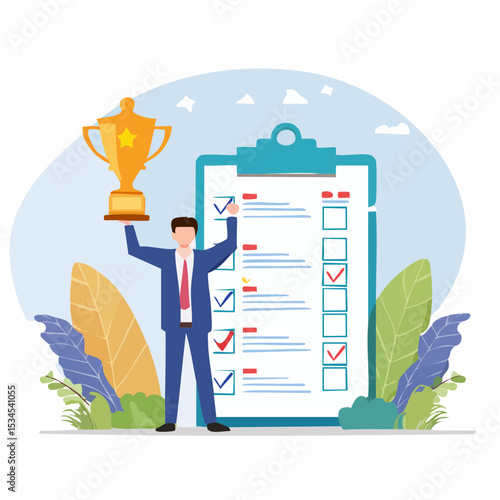 Habits or routine to success, checklist or factors to succeed and achieve goal, winner progress, planning, procedure or process concept, success businessman holding winner trophy with habit checklis