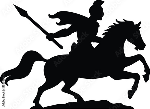 Silhouette of Warrior on Horseback Holding Spear in Heroic Pose