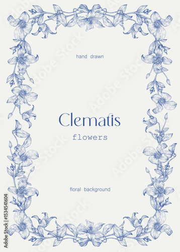Toile art Vector vintage floral background, flowering frame blue beige. Delicate Clematis flowers, leaves engraved elements. Hand drawn illustration for design greeting card, wedding decor, invitation