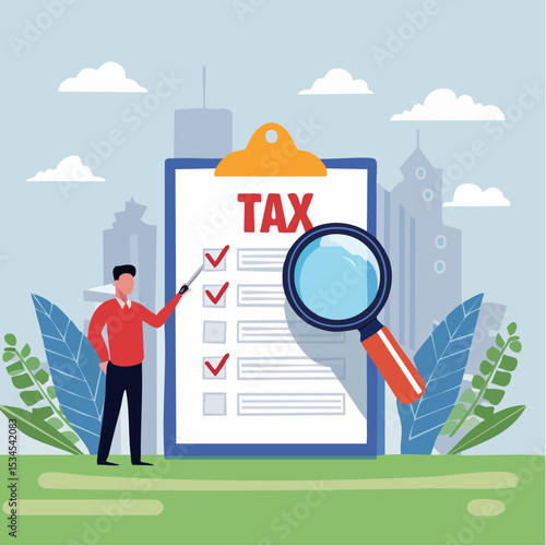Tax planning, financial strategy for tax optimization, reduction or refund, income or revenue management, taxation or calculation concept, businessman with magnifying glass analyze tax plan documen