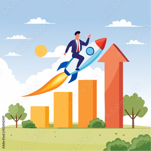 Business growth, investment profit increase, growing fast or improvement sales and revenue, progress or development concept, businessman riding rocket on growth bar graph or rising up revenue char