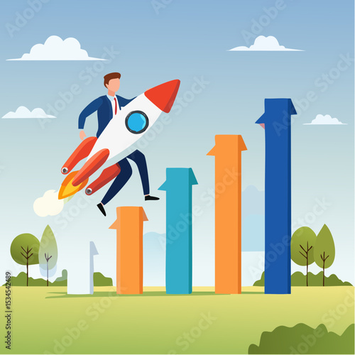 Business growth, investment profit increase, growing fast or improvement sales and revenue, progress or development concept, businessman riding rocket on growth bar graph or rising up revenue char