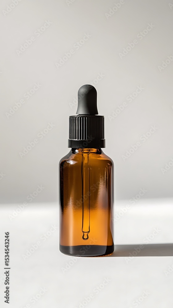 Close up shot of a brown glass dropper bottle with a black lid on a white surface in soft lighting Close up shot of a brown glass dropper bottle with a black lid on a white surface in soft lighting