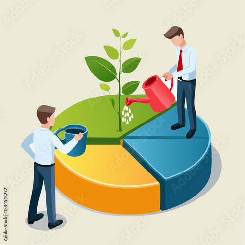 Investment portfolio, asset allocation to build passive income, wealth management or mutual fund planning, investment growth concept, businessman watering grow plant of investing portfolio pie char