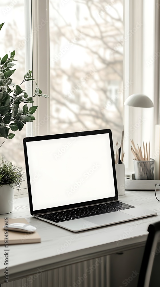 Fototapeta premium Laptop with blank screen on white desk near window and plants in a bright and airy workspace setup
