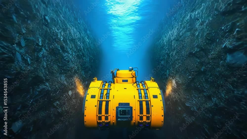 Robot hardware, A bright yellow submarine exploring a deep underwater ...