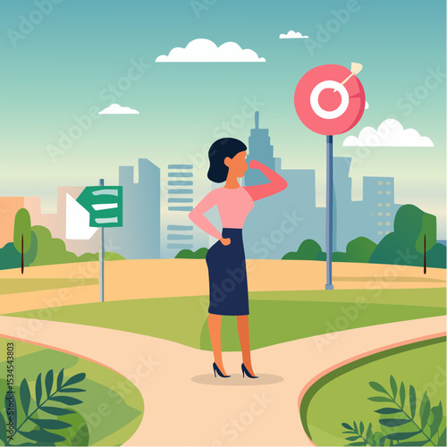 Tough decisions, choosing career path, make choices or think about final result, business directions challenge, confusion or decide options concept, businesswoman thinking and make business decision