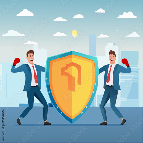 Business threat, fight to survive in business competition, resilience or adversity, challenge or survive to win, courage fighter concept, businessman hold shield to fight with multiple fighter punc