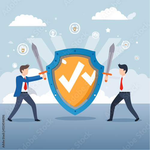 Business threat, fight to survive in business competition, resilience or adversity, challenge or survive to win, courage fighter concept, businessman hold shield to fight with multiple fighter punc
