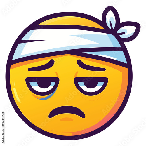Colorful Vector Emoji of Injured Face with Head Bandage and Tired Expression on White Background