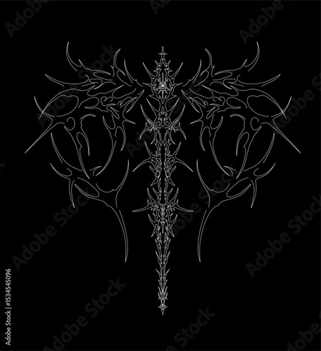 neo tribal spine tattoo design in black and white. Symmetrical, Sharp and edgy, suitable for tattoo artists, apparel prints, and gothic style graphics
