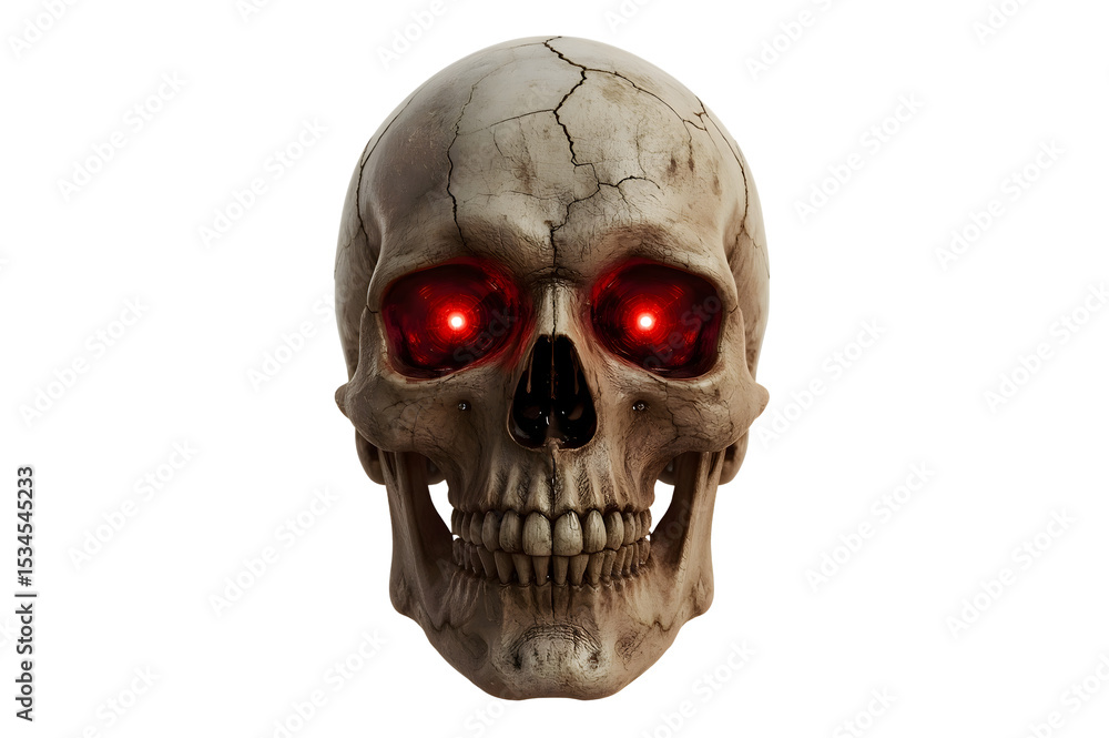 Fototapeta premium Human skull, glowing red eyes