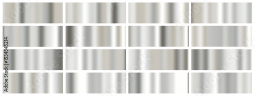 Silver metal foil set with gradient backgrounds. White glossy paper effect blends chrome glass with smooth gray vector gradation. Abstract mirror surface with shiny steel reflection for luxury design.
