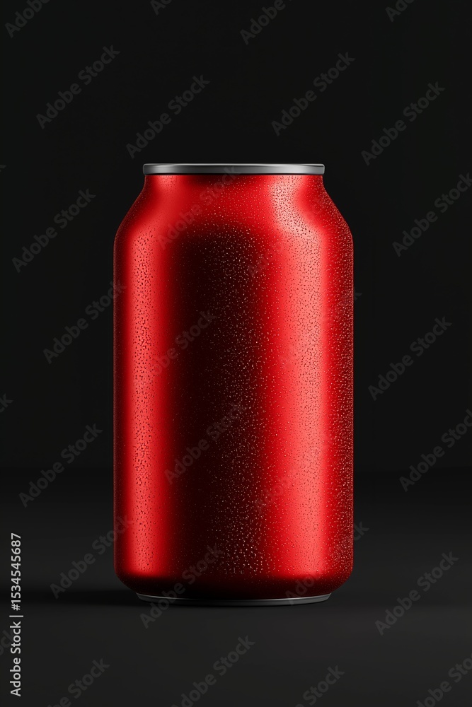 Realistic 3D render of a vibrant red soda can with condensation against a dark background, showcasing design details and allure for beverage marketing Realistic 3D render of a vibrant red soda can with condensation against a dark background, showcasing design details and allure for beverage marketing