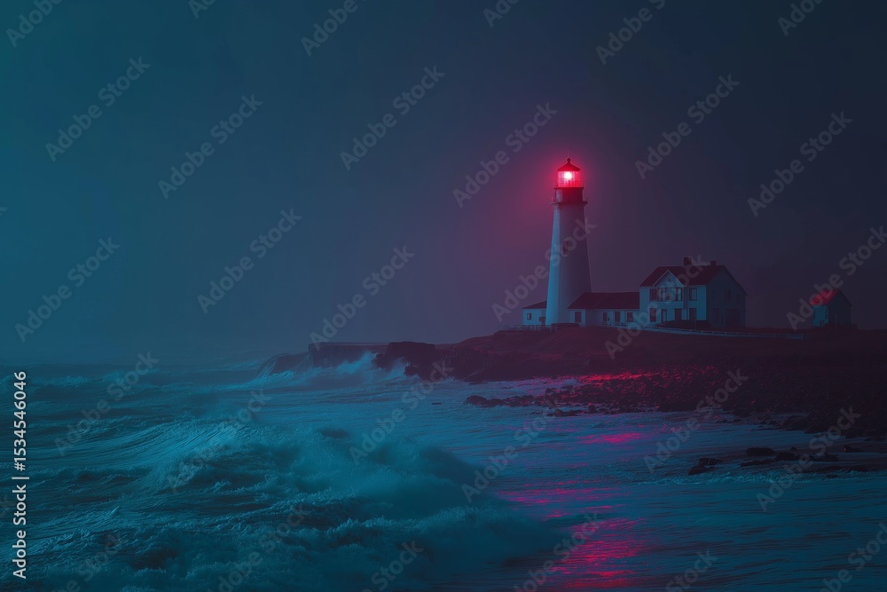Fototapeta premium Stormy ocean waves crash against a rugged coastline while a lighthouse emits a warm neon glow under dark, swirling clouds and rain