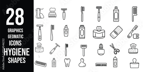 Set of 28 clean line hygiene icons including soap, toothbrush, razor, toothpaste, tissue, shampoo, comb, and scissors in minimal vector outline style.