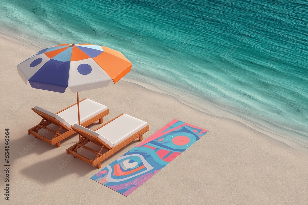 Sunbed beach branding and advertising mockup showcasing vibrant colors on a serene sandy shore at midday Sunbed beach branding and advertising mockup showcasing vibrant colors on a serene sandy shore at midday