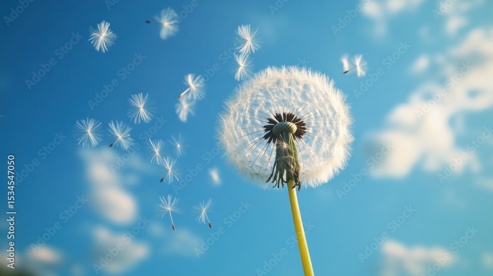 Fototapeta premium Dandelion seeds float in the sky