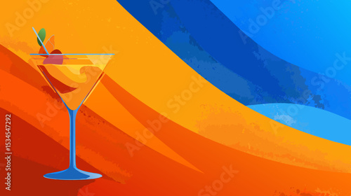 Colorful cocktail glass with cherry and olive, set against vibrant abstract background of orange and blue waves, capturing festive summer party atmosphere and celebration spirit