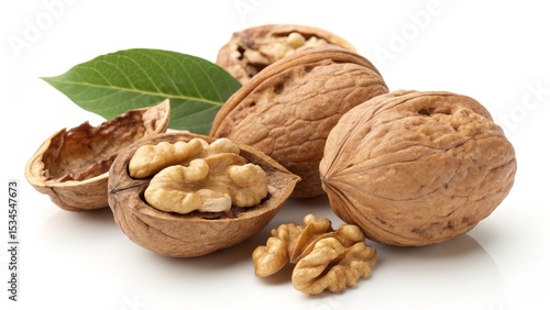 Walnuts Still Life with Shells and Leaf on White, Healthy Food , Nuts