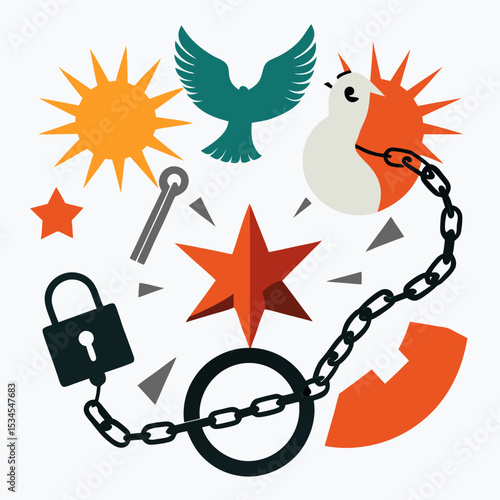 Freedom and Human Rights Vector with Broken Chains and Open Lock on White Background
