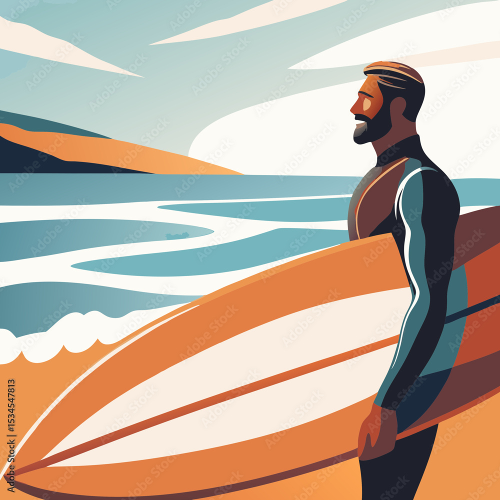 Surfer standing on sandy beach, holding surfboard, gazing at ocean waves, with vibrant sky and distant hills, embodying summer vacation spirit and adventure Surfer standing on sandy beach, holding surfboard, gazing at ocean waves, with vibrant sky and distant hills, embodying summer vacation spirit and adventure