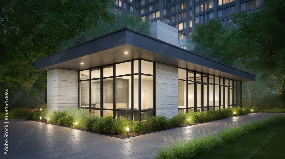 Obraz premium Modern glass pavilion illuminating the night in a luxurious residential complex