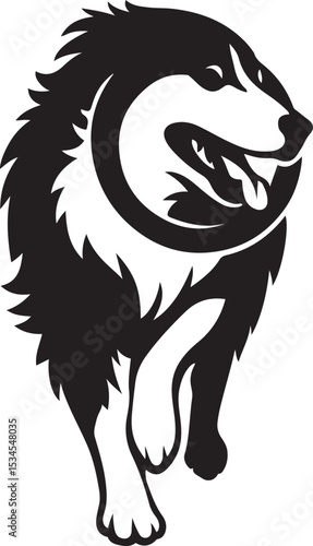 Running husky dog silhouette in motion, Energetic husky dog black and white design