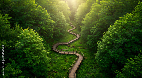 Drone Shot of Dense Forest with Wooden Trail