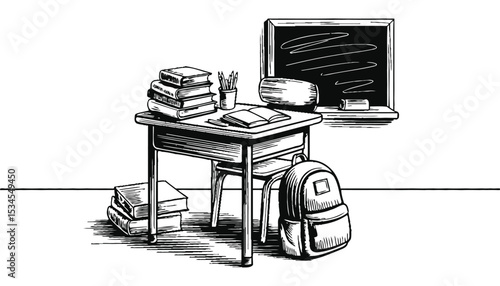 Office desk with computer, chair, and lamp in an empty business room