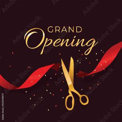 Grand Opening Card with Ribbon and Scissors Background. Vector Illustration