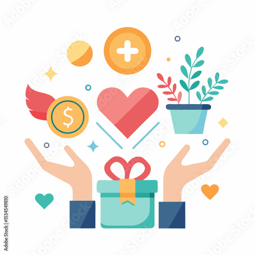 Giving Tuesday Charity Vector with Heart, Hands, and Donation Icons on White Background