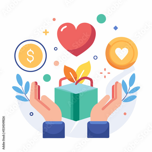 Giving Tuesday Charity Vector with Heart, Hands, and Donation Icons on White Background