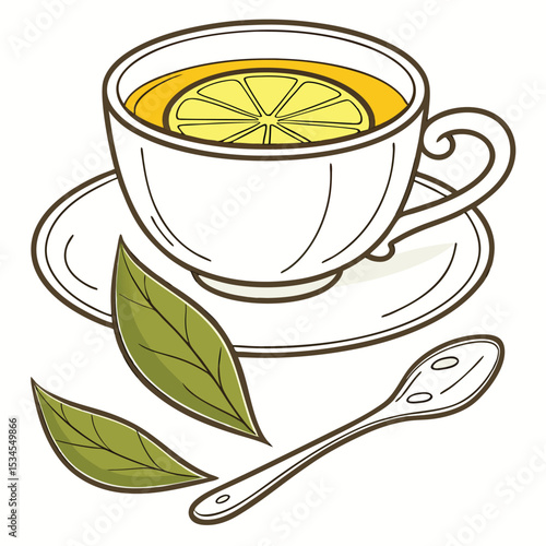 Isolated white teacup on saucer holds lemon infused tea near green leaves and spoon