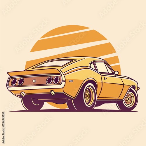 Rear view shows the yellow vintage car against a setting sun background
