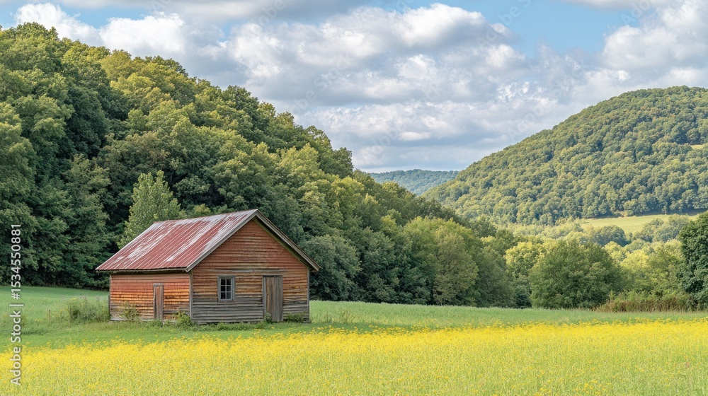 Rustic wooden cabin nestled in a field of wildflowers, with a backdrop of rolling hills and forest Rustic wooden cabin nestled in a field of wildflowers, with a backdrop of rolling hills and forest