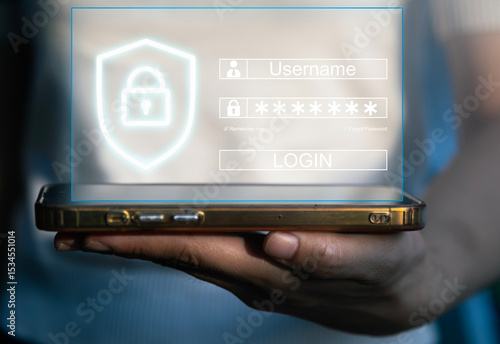 User log in interface on phone. Woman Entrepreneur validating password, Identity verification, cybersecurity with biometric authentication technology. Businesswoman on smartphone