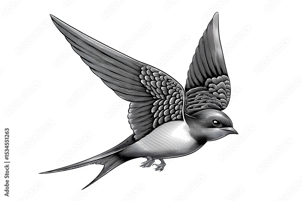 Obraz premium Graceful Flying Swallow Bird. Engraved vintage style. Ideal for nature, freedom, or traditional tattoo themes.