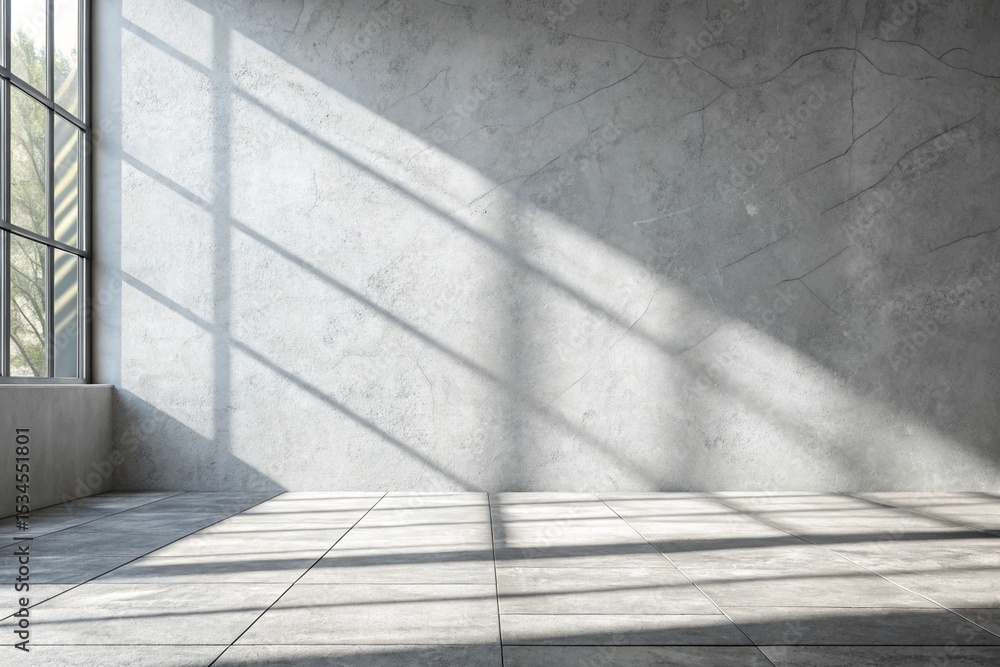 Fototapeta premium Panoramic abstract grey background for product presentation with sunlight and blurred shadows wall. 