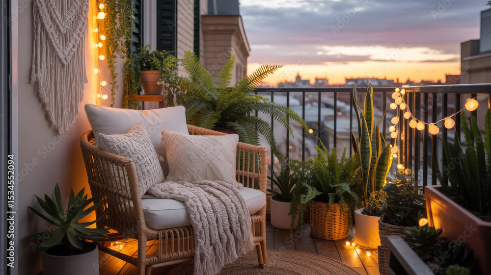 Fototapeta premium Sleek balcony with modular grey lounge sofa, a coffee table with books and candles, glass railing with a panoramic city view, evening glow