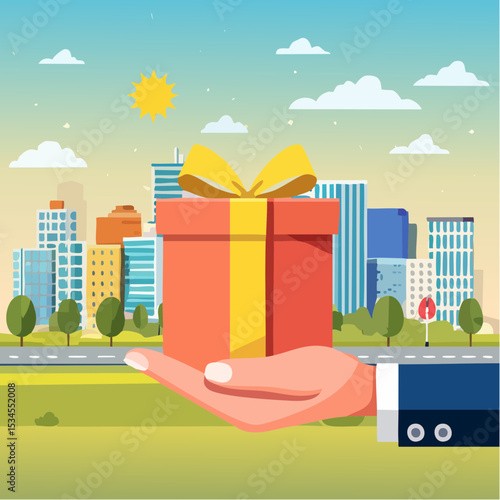Gift reward program, bonus or surprise present for customer, employee reward or lucky prize, birthday gift box or festive incentive, special loyalty program concept, hand giving gift box with ribbo