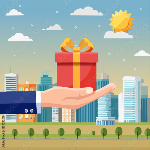 Gift reward program, bonus or surprise present for customer, employee reward or lucky prize, birthday gift box or festive incentive, special loyalty program concept, hand giving gift box with ribbo