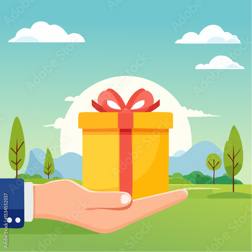 Gift reward program, bonus or surprise present for customer, employee reward or lucky prize, birthday gift box or festive incentive, special loyalty program concept, hand giving gift box with ribbo