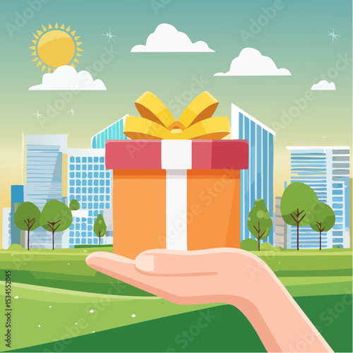 Gift reward program, bonus or surprise present for customer, employee reward or lucky prize, birthday gift box or festive incentive, special loyalty program concept, hand giving gift box with ribbo