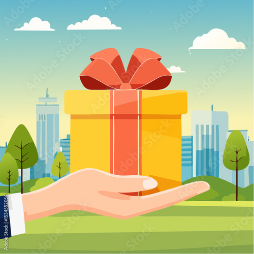 Gift reward program, bonus or surprise present for customer, employee reward or lucky prize, birthday gift box or festive incentive, special loyalty program concept, hand giving gift box with ribbo